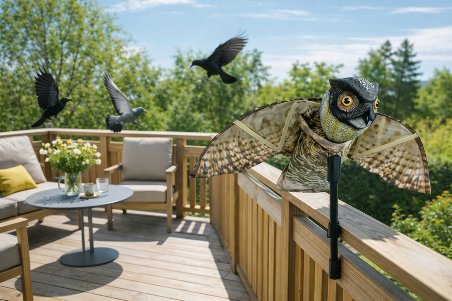 Lintujen karkotus terassilta pöllöpelättimen avulla