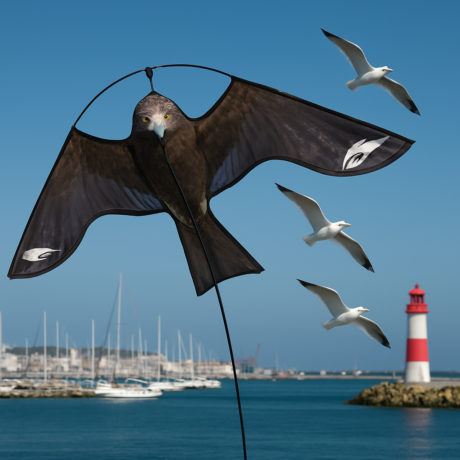 Bird deterrent kite flying above a harbor, effectively scaring seagulls away from the area.