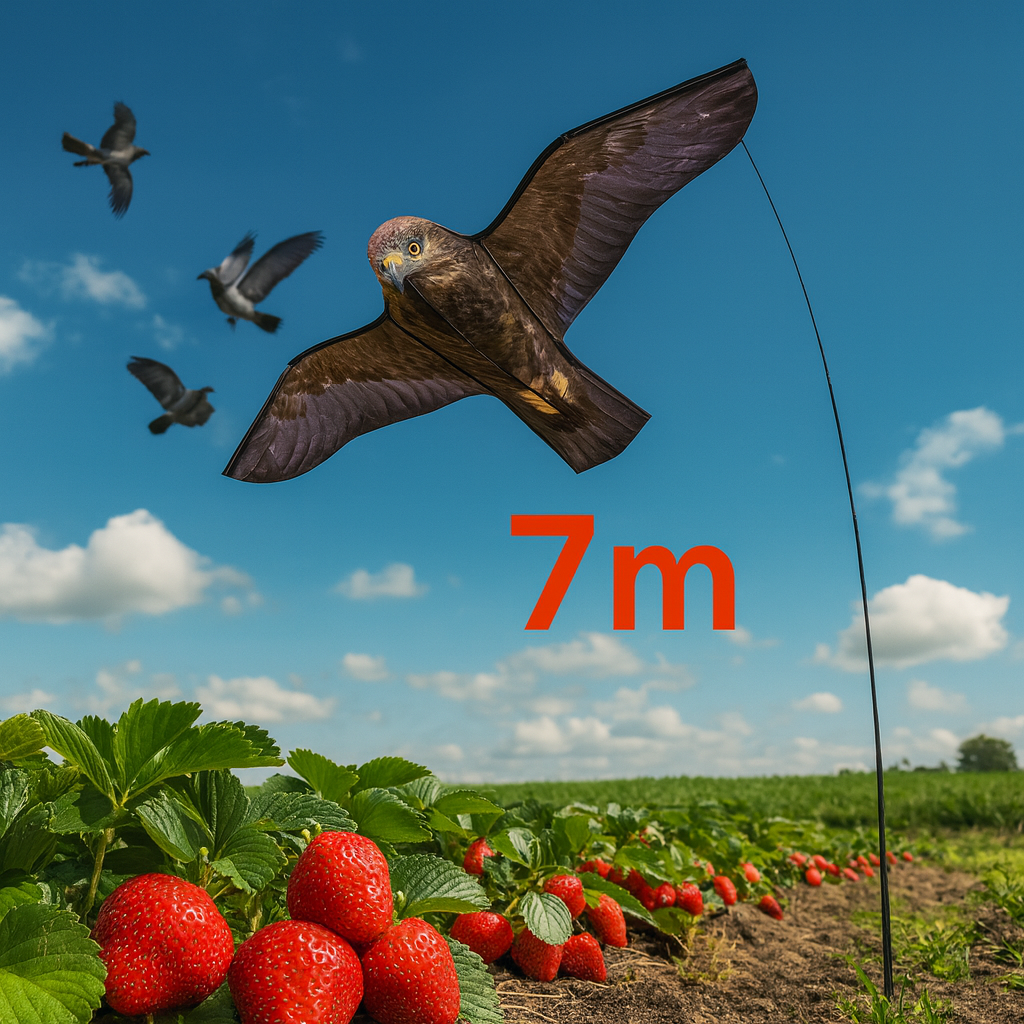 7 Meter Eagle Kite – The Ultimate Bird Scarer Kite for Natural Bird Control 1 Eagle kite flying on a 7-meter pole protecting crops from birds
