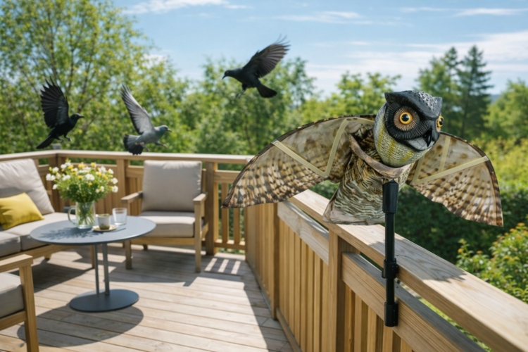 Lintujen karkotus terassilta pöllöpelättimen avulla